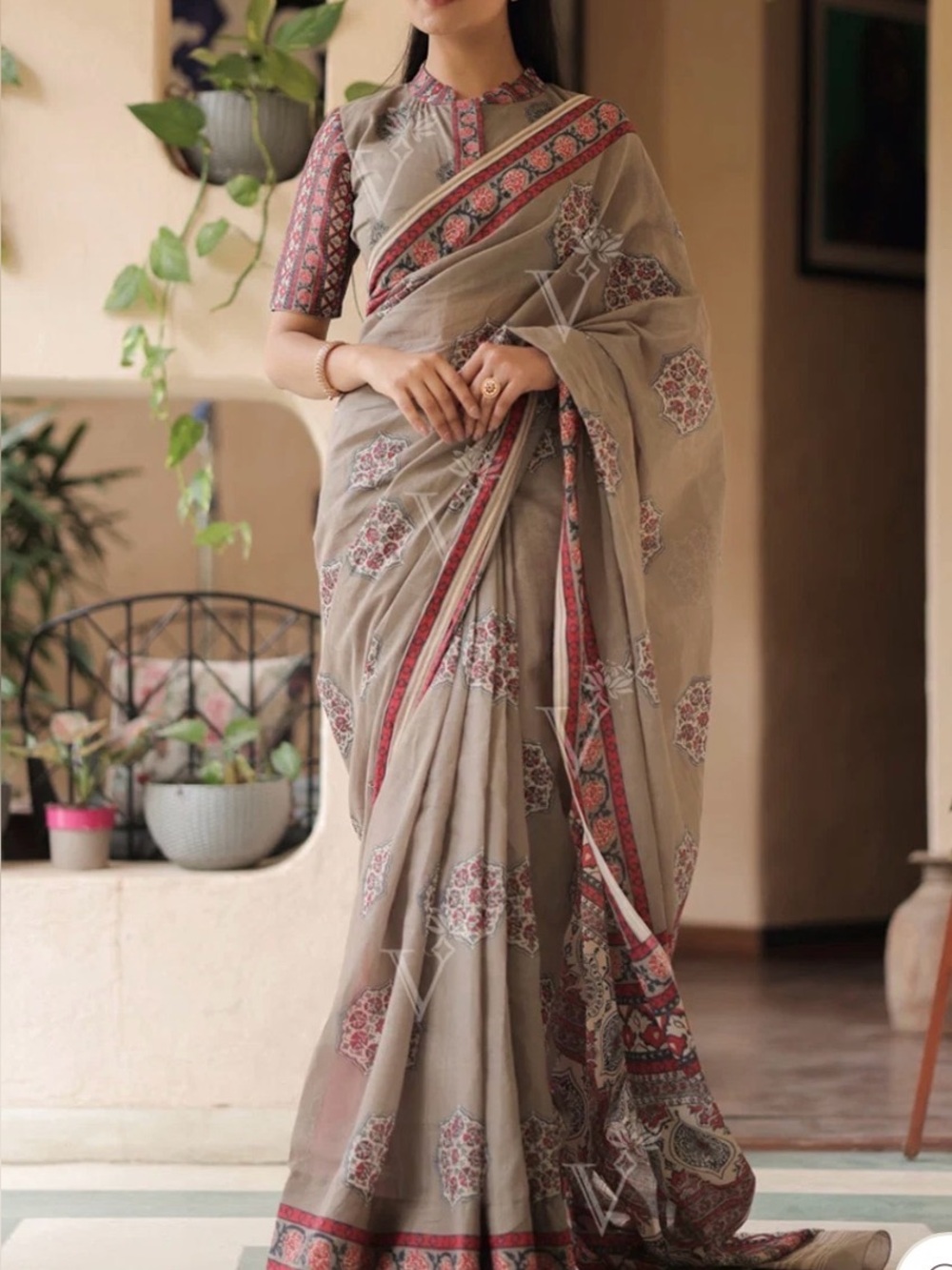 Beige, maroon Saree